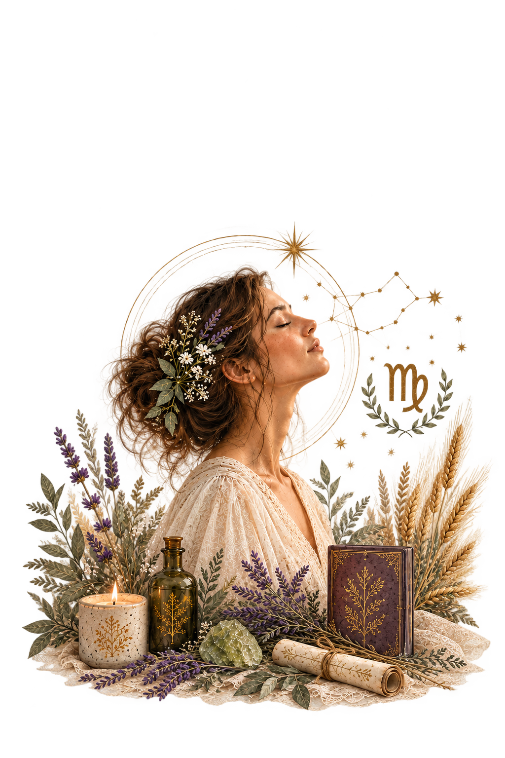 Illustration of the Virgo maiden surrounded by wheat, lavender, and candlelight